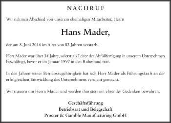 Traueranzeige von Hans Mader 