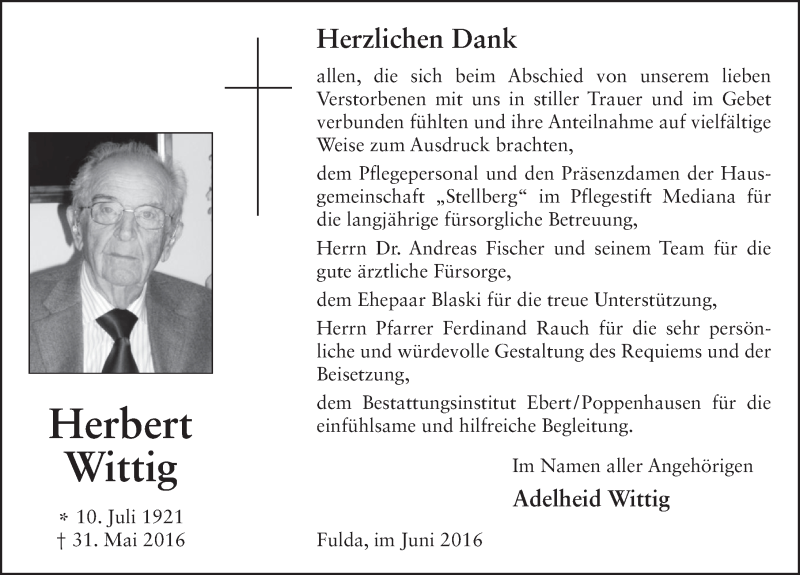  Traueranzeige für Herbert Wittig vom 30.06.2016 aus 