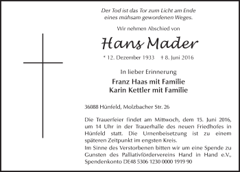 Traueranzeige von Hans Mader 