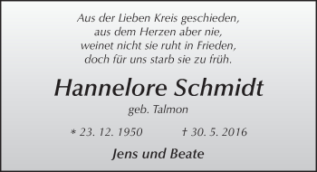 Traueranzeige von Hannelore Schmidt 
