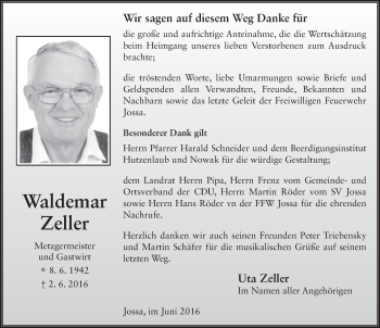 Traueranzeige von Waldemar Zeller 