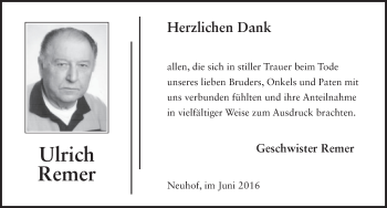 Traueranzeige von Ulrich Remer 