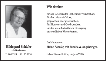 Traueranzeige von Hildegard Schäfer 