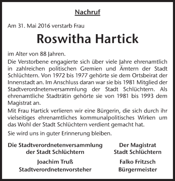 Traueranzeige von Roswitha Hartick 