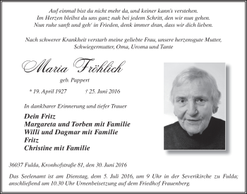 Traueranzeige von Maria Fröhlich 