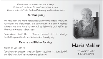 Traueranzeige von Maria Mehler 