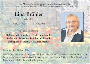 Traueranzeige von Lina Brähler 