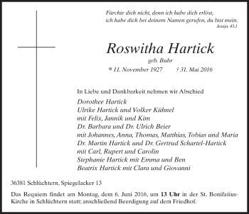 Traueranzeige von Roswitha Hartick 