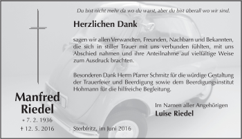 Traueranzeige von Manfred Riedel 