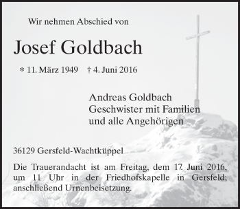 Traueranzeige von Josef Goldbach 