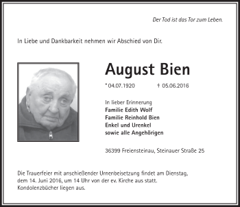 Traueranzeige von August Bien 