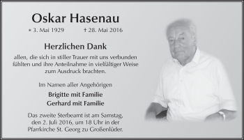 Traueranzeige von Oskar Hasenau 