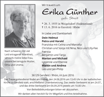 Traueranzeige von Erika Günther 