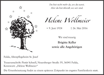 Traueranzeige von Helene Wollmeier 