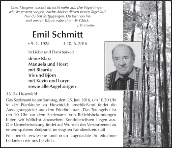 Traueranzeige von Emil Schmitt 