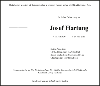 Traueranzeige von Josef Hartung von Fuldaer Zeitung