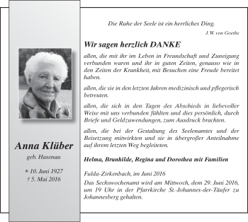 Traueranzeige von Anna Klüber 