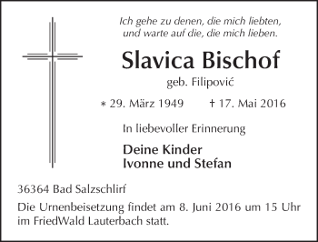 Traueranzeige von Slavica Bischof 