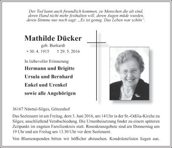 Traueranzeige von Mathilde Dücker 