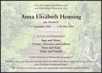 Traueranzeige von Anna Elisabeth Henning 