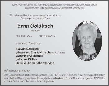 Traueranzeige von Erna Goldbach 