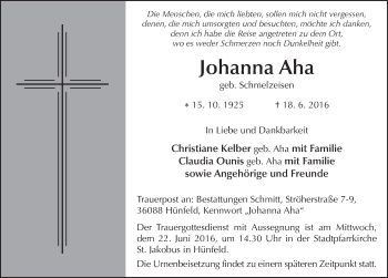 Traueranzeige von Johanna Aha 