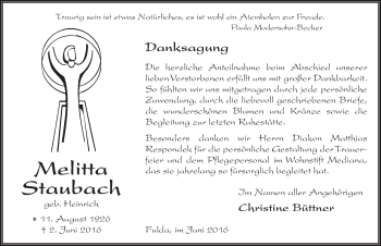 Traueranzeige von Melitta Staubach 