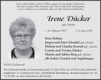 Traueranzeige von Irene Dücker 