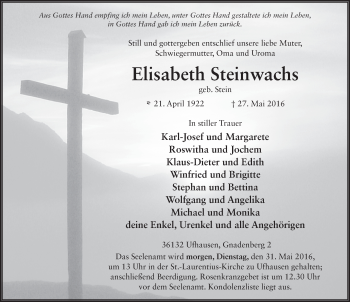 Traueranzeige von Elisabeth Steinwachs 