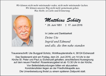 Traueranzeige von Matthias Schütz 