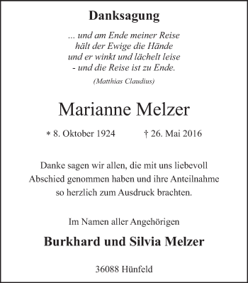 Traueranzeige von Marianne Melzer 