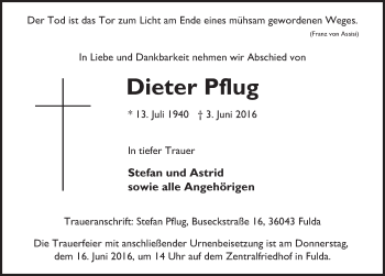 Traueranzeige von Dieter Pflug 