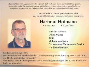 Traueranzeige von Hartmut Hofmann 