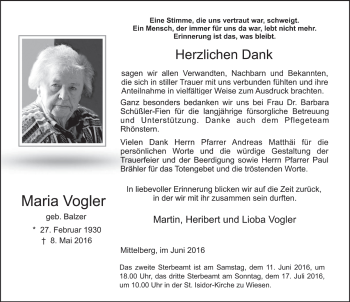 Traueranzeige von Maria Vogler 