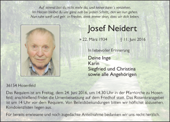 Traueranzeige von Josef Neidert 
