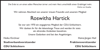 Traueranzeige von Roswitha Hartick 