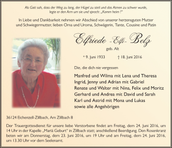 Traueranzeige von Elfriede Belz 