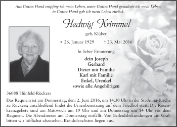 Traueranzeige von Hedwig Krimmel 