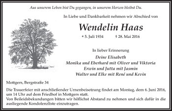 Traueranzeige von Wendelin Haas 