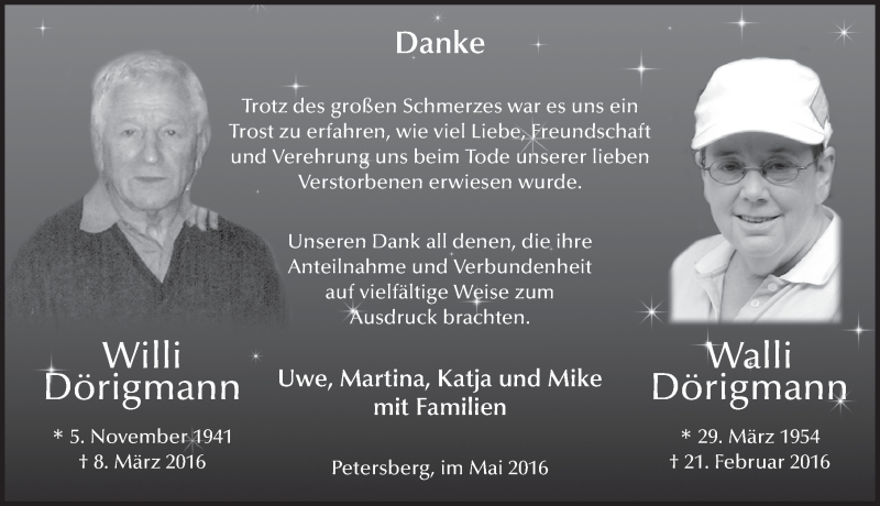  Traueranzeige für Willi Dörigmann vom 30.05.2016 aus 