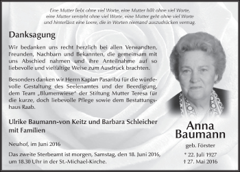 Traueranzeige von Anna Baumann 
