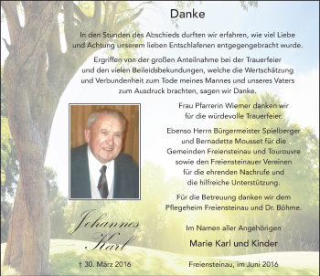 Traueranzeige von Johannes Karl 