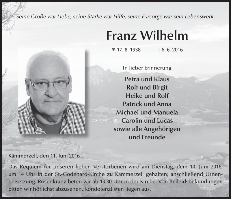  Traueranzeige für Franz Wilhelm vom 11.06.2016 aus 