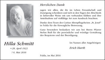 Traueranzeige von Hilla Schmitt 
