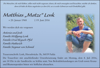 Traueranzeige von Matthias Lenk 