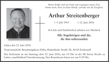 Traueranzeige von Arthur Streitenberger 