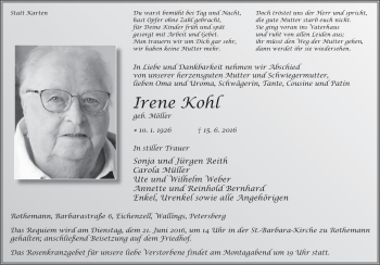 Traueranzeige von Irene Kohl 