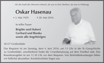 Traueranzeige von Oskar Hasenau 