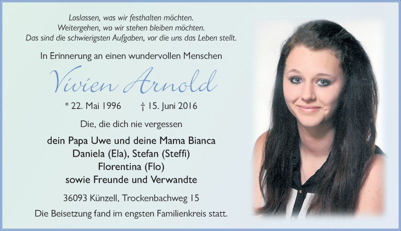  Traueranzeige für Vivien Arnold vom 24.06.2016 aus 