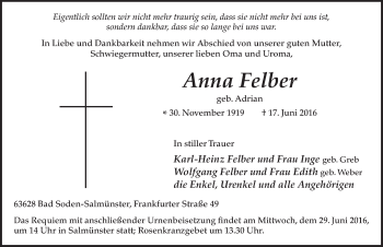 Traueranzeige von Anna Felber 